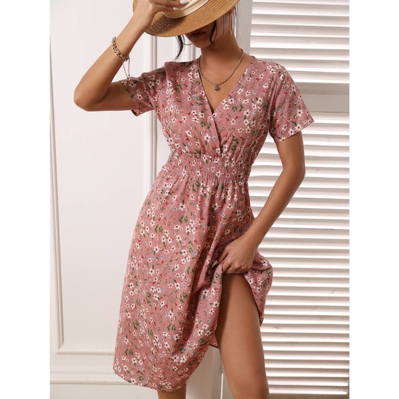 boho yellow Floral Shirred Wrap midi Dress - Picture 4 of 10